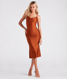 Celebrate in style with the Flatter Me Satin-Knit Midi Dress, a mocha brown formal wedding guest dress featuring an elegant silhouette and luxe details, perfect for a black-tie celebration.