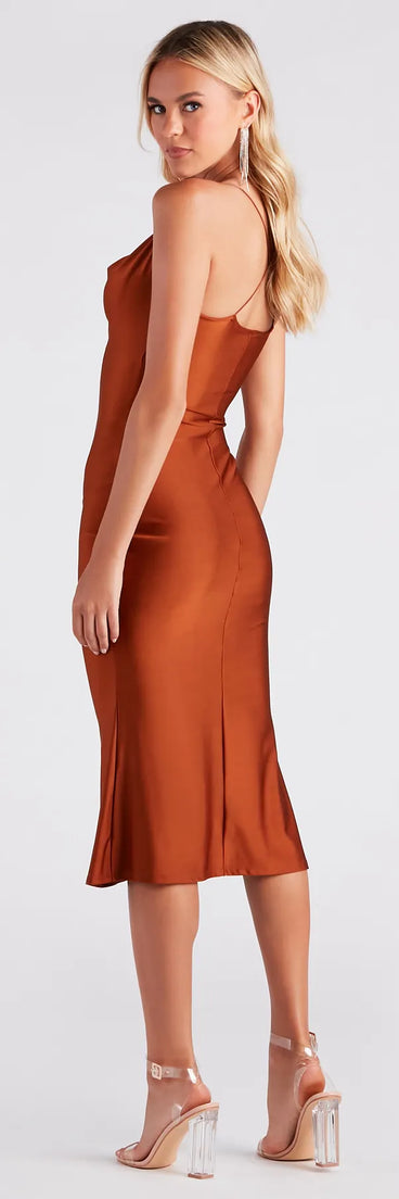 Celebrate in style with the Flatter Me Satin-Knit Midi Dress, a mocha brown formal wedding guest dress featuring an elegant silhouette and luxe details, perfect for a black-tie celebration.