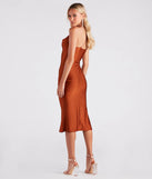 Celebrate in style with the Flatter Me Satin-Knit Midi Dress, a mocha brown formal wedding guest dress featuring an elegant silhouette and luxe details, perfect for a black-tie celebration.