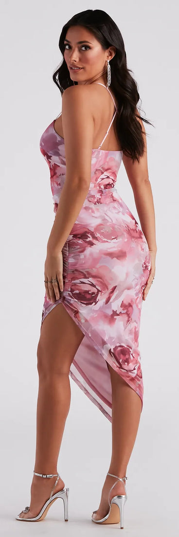 Dreamy Floral Ruched Mesh Midi Dress