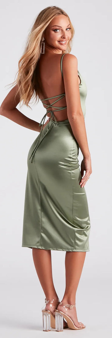 Revamp your 2025 wardrobe with this chic addition, the Luxurious Night Satin Midi Dress in sage green, perfect for elevating your style in the new year.