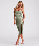 Make a bold statement in the Luxurious Night Satin Midi Dress in sage green, the perfect green dress for weddings, cocktail hours, nights out, and/or seasonal celebrations.