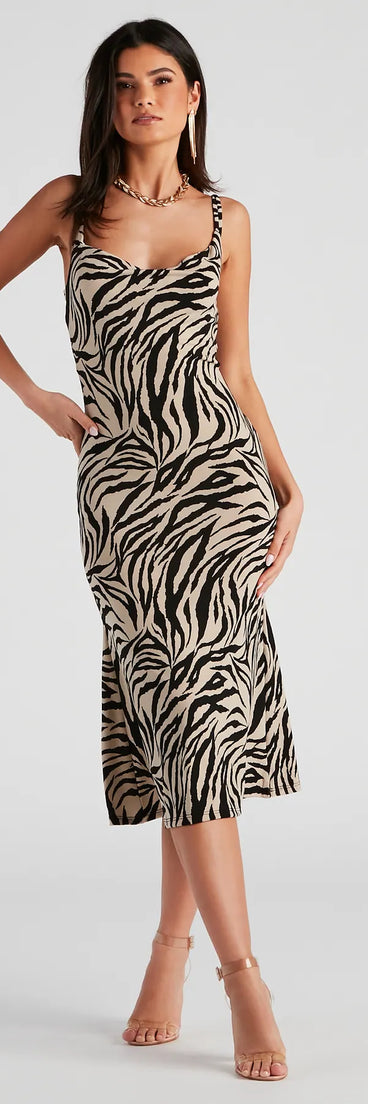 Safari Babe Zebra Cowl Midi Dress
