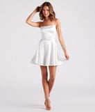 Make a bold statement in the A Moment In Satin Skater Dress in white, the perfect spring dress for weddings, cocktail hours, nights out, and/or seasonal celebrations.