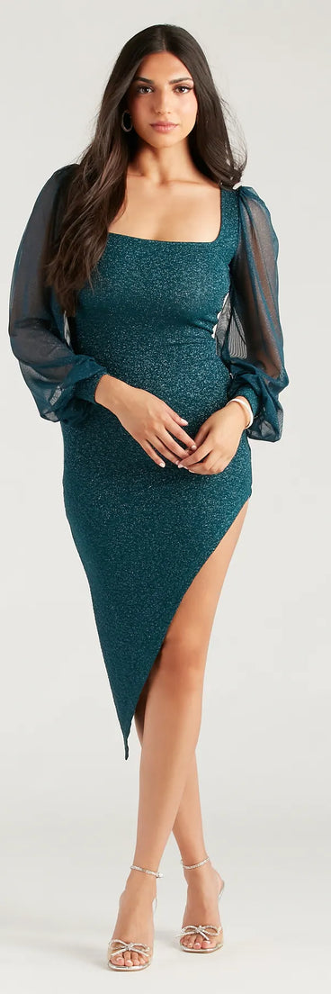 Make It Shimmer Glitter Asymmetric Midi Dress