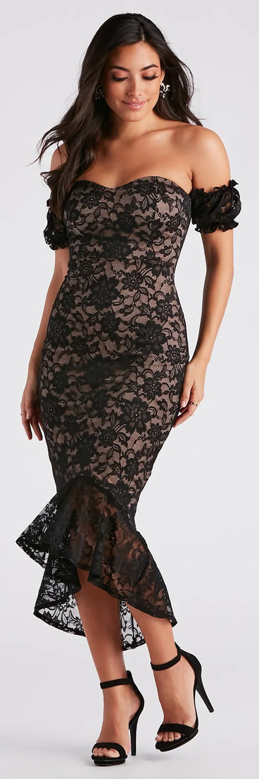 Elegant Miss Lace High Low Midi Dress