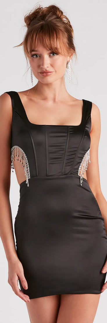 Glam Stunner Rhinestone Trim Satin Mini Dress