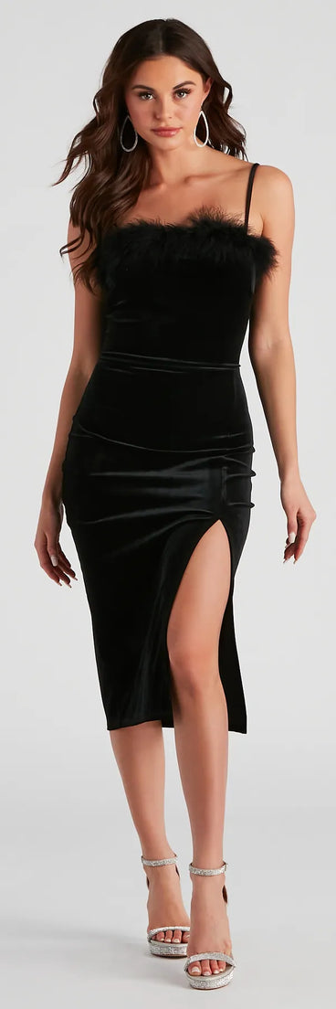 Luxe Affair Feather Trim Velvet Midi Dress