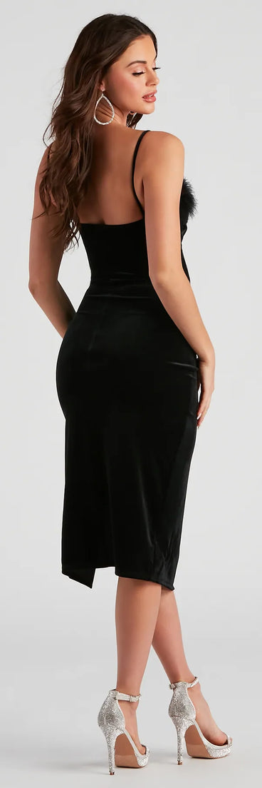 Luxe Affair Feather Trim Velvet Midi Dress
