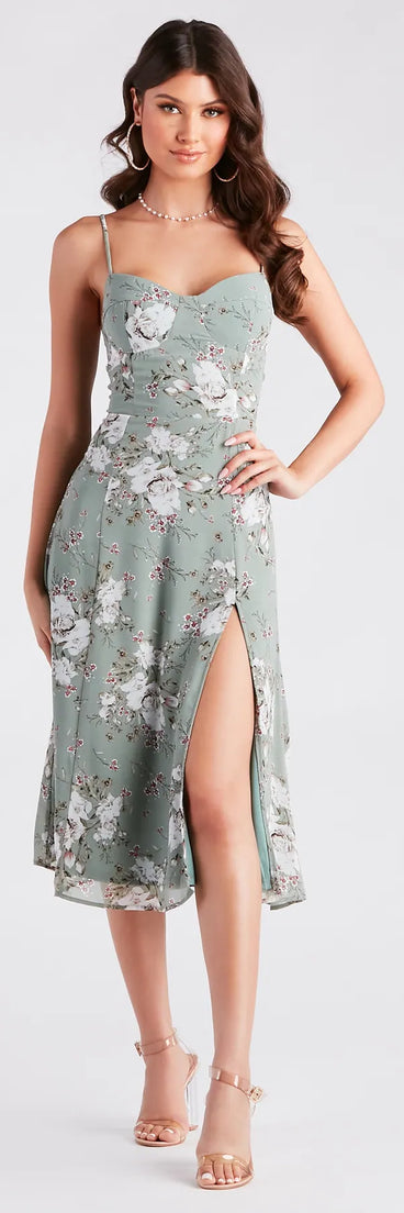 The Garden Chic Floral Chiffon Midi Dress in sage is a women's workwear essential with an elevated fabric and chic silhouette, ideal for layering and versatile enough to take your look from office chic to going-out ready!