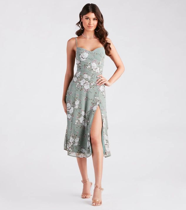 The Garden Chic Floral Chiffon Midi Dress in sage is a women's workwear essential with an elevated fabric and chic silhouette, ideal for layering and versatile enough to take your look from office chic to going-out ready!