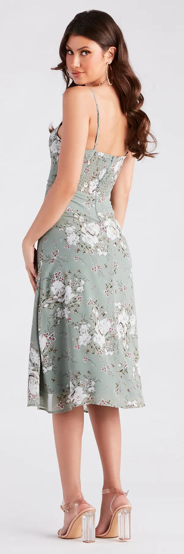 The Garden Chic Floral Chiffon Midi Dress in sage is a women's workwear piece offering a trendy style and unique accents, perfect for effortlessly creating an outfit-of-the-day look that transitions your office look to going-out ready.