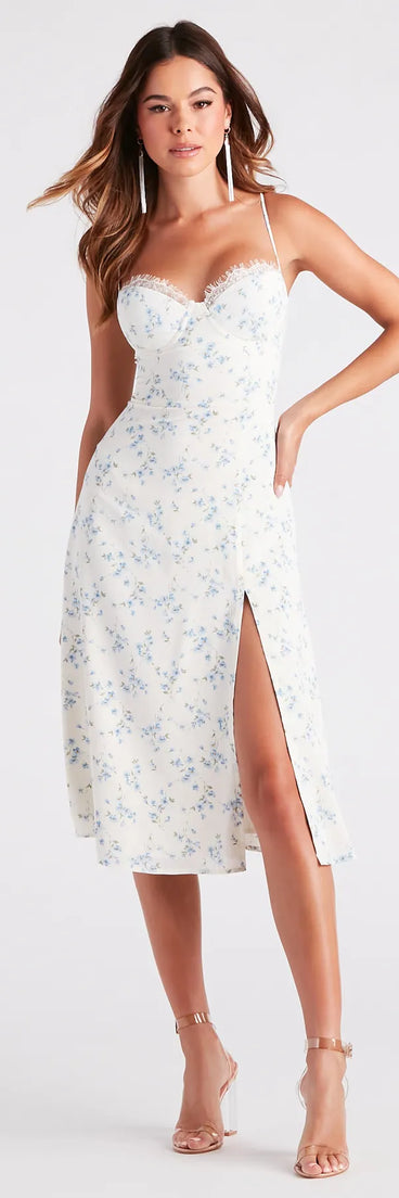 Lovely In Floral Lace Trim Midi Dress