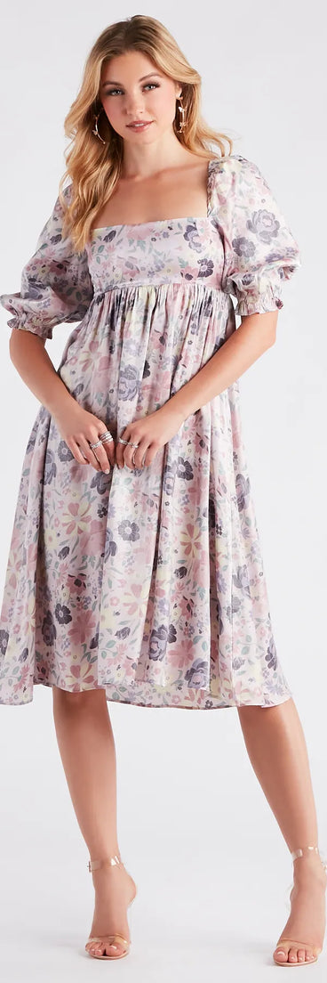 Take In The Beauty Satin Floral Midi Dress