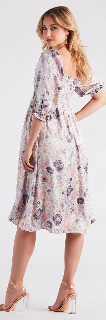 Take In The Beauty Satin Floral Midi Dress