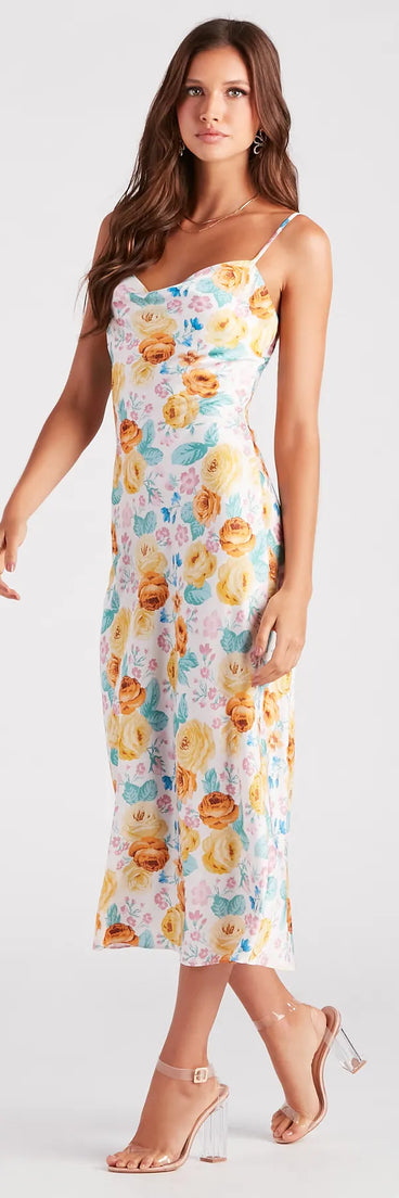 Major Admiration Satin Floral Midi Dress