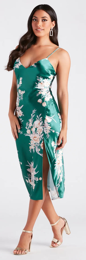 Gorgeous And Chic Floral Satin Midi Dress