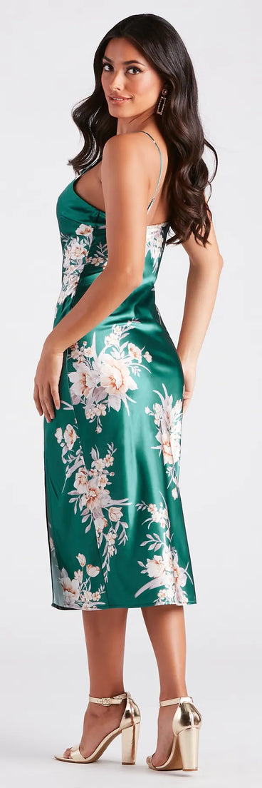 Gorgeous And Chic Floral Satin Midi Dress