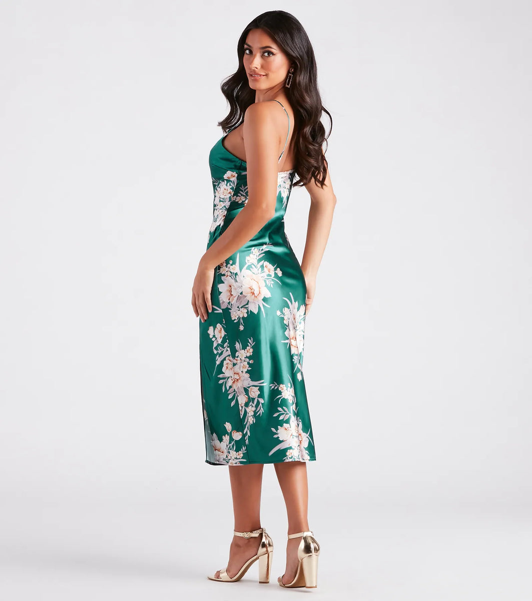 Midi Satin Tiered Floral Dress
