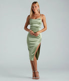 Exquisite Chic Satin Cowl Neck Slit Midi Dress