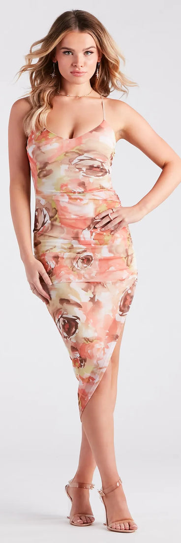 Dreamy Floral Ruched Mesh Midi Dress