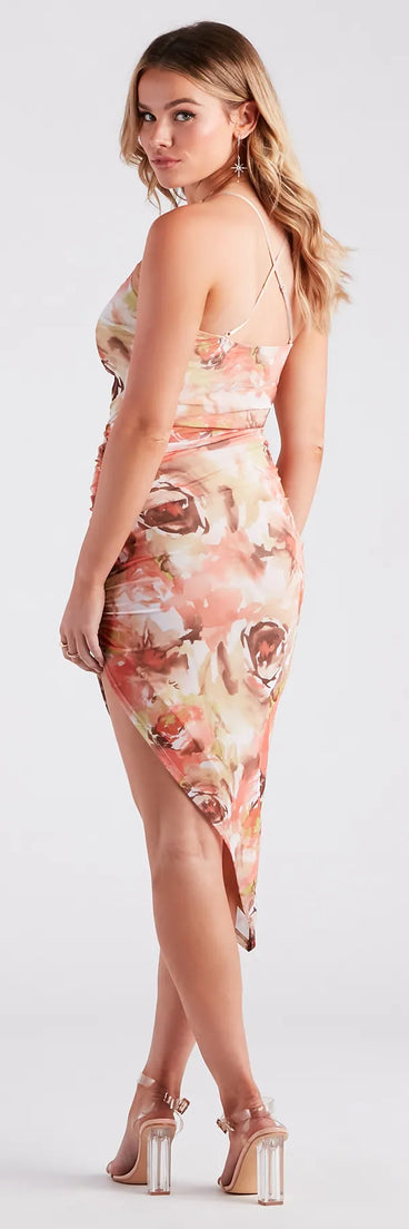 Dreamy Floral Ruched Mesh Midi Dress