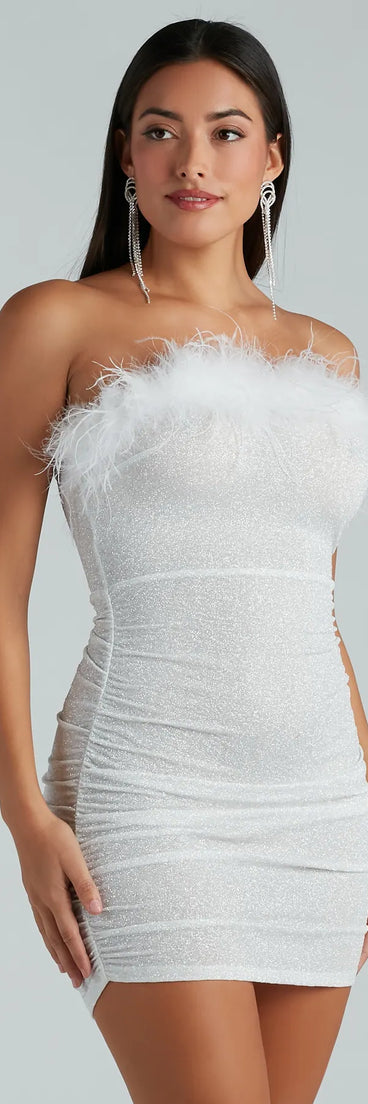 Radiant Glow Feather Trim Glitter Mini Dress