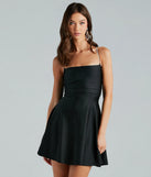 Feel ready for every dance floor moment or feed-worthy reel in the Bling Fling Satin Rhinestone Skater Dress, a black homecoming dress designed to own your moment.
