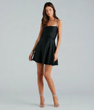 Feel ready for every dance floor moment or feed-worthy reel in the Bling Fling Satin Rhinestone Skater Dress, a black homecoming dress designed to own your moment.