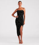Celebrate the special day in the Classy Gal Flocked Floral Velvet Midi Dress, a black country wedding guest dress with soft, romantic details that blend charm and sophistication.