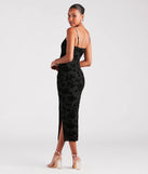 Celebrate the special day in the Classy Gal Flocked Floral Velvet Midi Dress, a black country wedding guest dress with soft, romantic details that blend charm and sophistication.