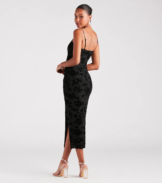 velvet v-neck floral cut out knotted midi dress Classy Gal Flocked Floral Velvet Midi Dress