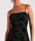 Celebrate the special day in the Classy Gal Flocked Floral Velvet Midi Dress, a black country wedding guest dress with soft, romantic details that blend charm and sophistication.