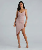 The Glimmering Beauty Rhinestone Glitter Midi Dress is a shimmery mauve glitter dress that catches the light beautifully, perfect for any special outfit like Winter Formal attire, clubwear, or a wedding guest dress.