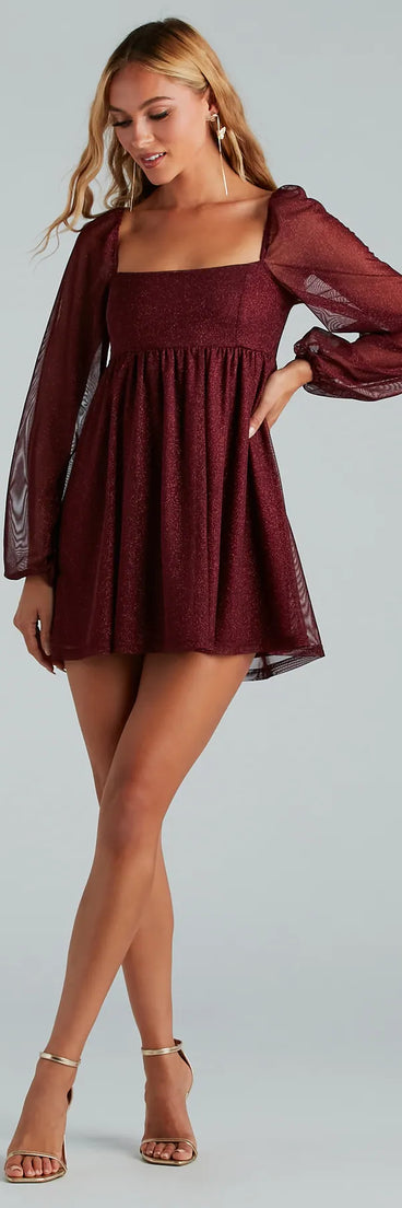 Add elegance to your look with the Countless Shine Glitter Skater Dress, a wine long sleeve dress featuring trendy sleeve details.