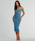 Elevate your winter wardrobe with the Curves For Days Off-The-Shoulder Midi Dress— a party-ready denim blue cocktail dress featuring seasonal accents and a sophisticated style, ideal for semi-formal holiday events from family dinners to NYE celebrations.