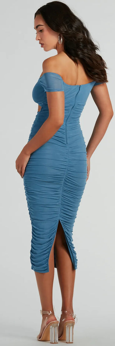 The Curves For Days Off-The-Shoulder Midi Dress in denim blue combines chic design and festive charm, offering a cocktail dress perfect for winter cocktail parties, work events, and holiday soirées.