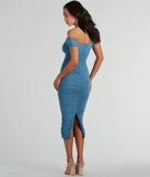The Curves For Days Off-The-Shoulder Midi Dress in denim blue combines chic design and festive charm, offering a cocktail dress perfect for winter cocktail parties, work events, and holiday soirées.