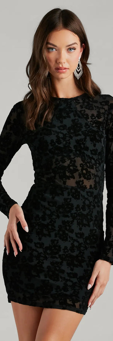 Late Night Vibes Velvet Flocked Mini Dress, a trendy black mini dress featuring modern details and a fresh seasonal hue, perfect for creating chic 2025 looks.