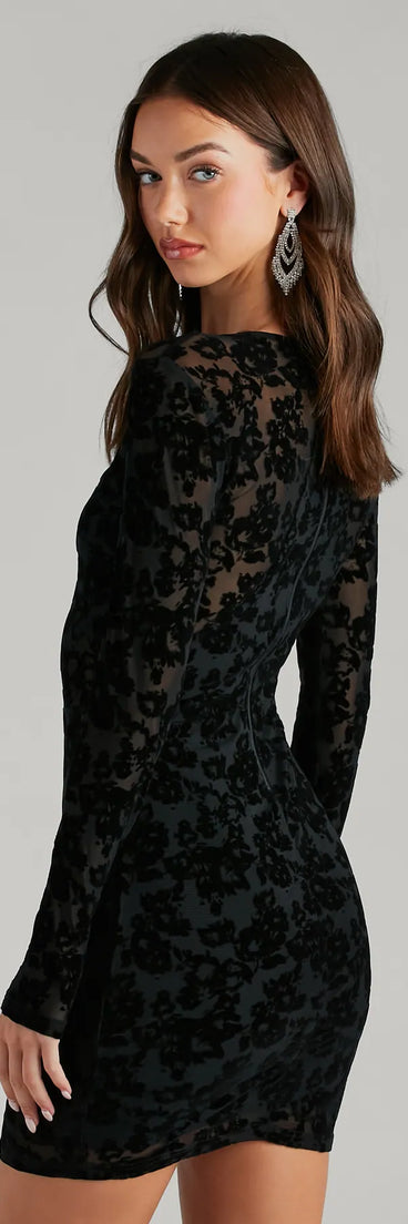 Late Night Vibes Velvet Flocked Mini Dress, a trendy black mini dress featuring modern details and a fresh seasonal hue, perfect for creating chic 2025 looks.