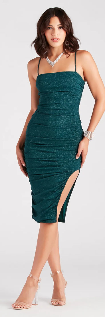 Revamp your 2025 wardrobe with this chic addition, the Sultry Glam Vibes Glitter Ruched Midi Dress in hunter green, perfect for elevating your style in the new year.