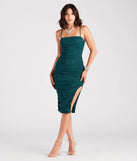 Revamp your 2025 wardrobe with this chic addition, the Sultry Glam Vibes Glitter Ruched Midi Dress in hunter green, perfect for elevating your style in the new year.