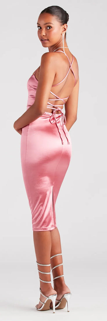 Step Out In Glamour Satin Lace-Up Midi Dress