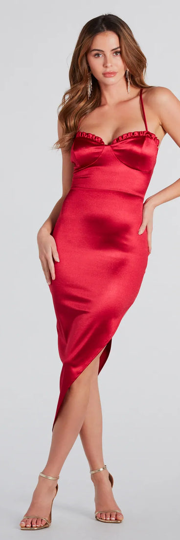 Divine Celebration Satin Ruffle Midi Dress