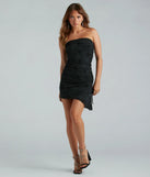 The Heatin' Things Up Strapless Asymmetric Mini Dress in black is a standout holiday party outfit with luxurious fabrics and a chic, festive style, perfect for holiday parties and NYE celebrations.