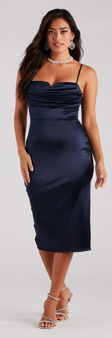 Feminine Chic Satin Cowl Neck Midi Dress