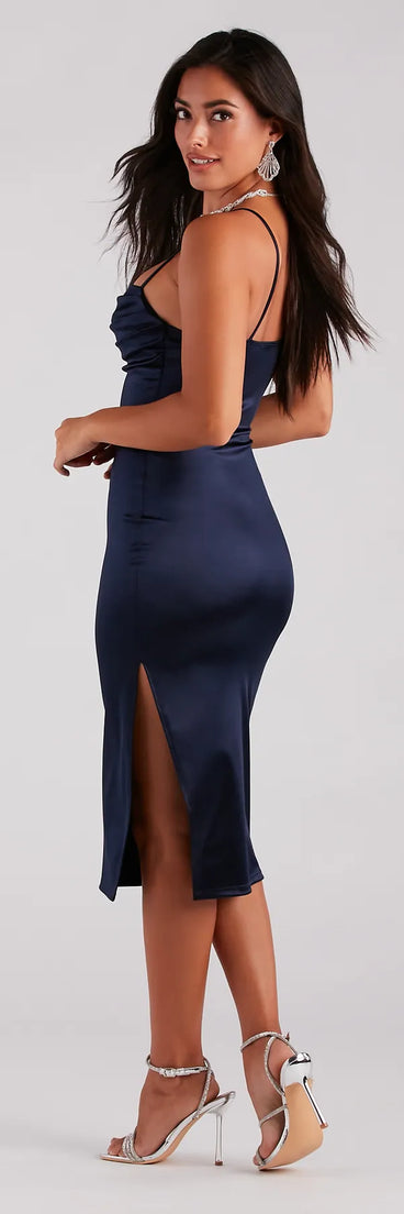 Feminine Chic Satin Cowl Neck Midi Dress