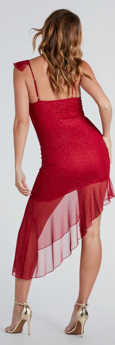 The Feelin' Glam Glitter Mesh Ruffled Midi Dress is a red holiday dress with a festive style, crafted from luxe fabrics and with unique design accents, a perfect pick as your holiday party dress.