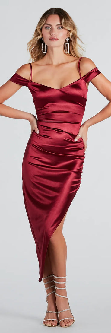 Stunning Arrival Satin Ruched Midi Dress