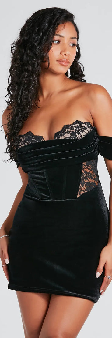 Dropping Hints Velvet Lace Bustier Mini Dress